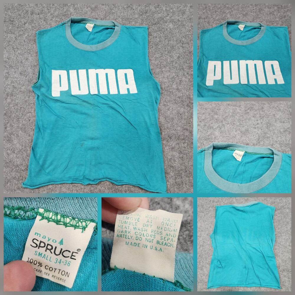 VTG 70s 1970s Puma‎ Mens S Small Blue Tank Top Sleeveless T Shirt Mayo Spruce